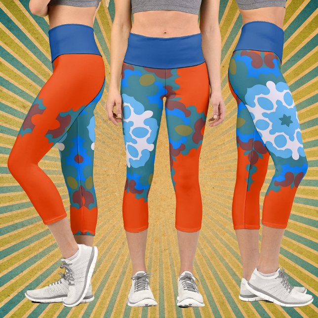 Retro Mandala Flower Orange White and Blue Capri Leggings (Creator Uploaded)