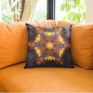 Retro Mandala Flower Orange Yellow and Blue Throw Pillow