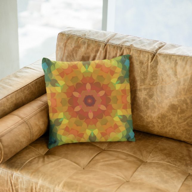 Retro Mandala Flower Orange Yellow and Green Throw Pillow (Creator Uploaded)