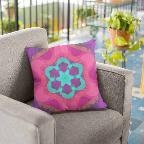 Retro Mandala Flower Pink Blue and Purple Throw Pillow