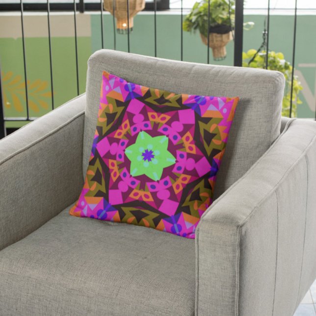 Retro Mandala Flower Pink Orange and Green Throw Pillow (Creator Uploaded)
