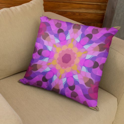 Retro Mandala Flower Pink Orange and Purple Throw Pillow