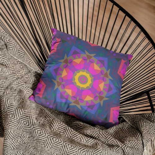 Retro Mandala Flower Pink Purple Blue and Yellow Throw Pillow