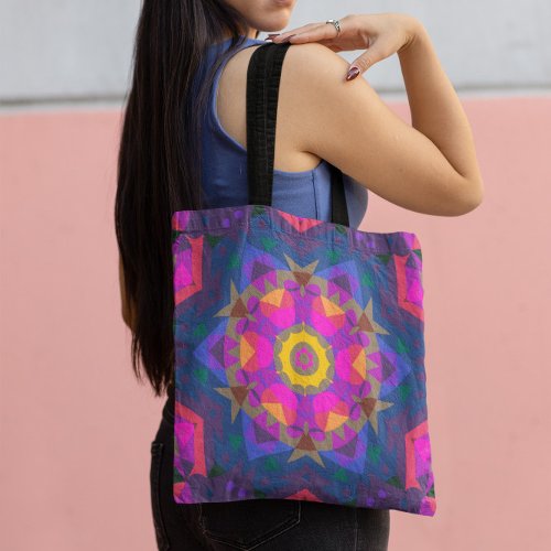 Retro Mandala Flower Pink Purple Blue and Yellow Tote Bag