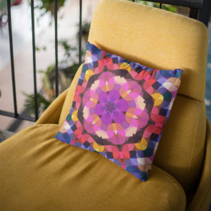Retro Mandala Flower Purple Pink and Yellow Throw Pillow