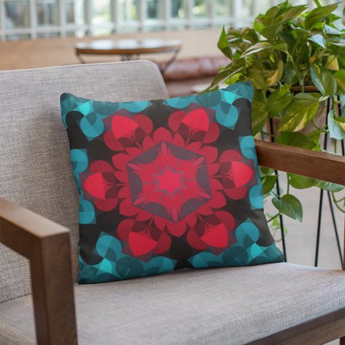 Retro Mandala Flower Red and Blue Throw Pillow