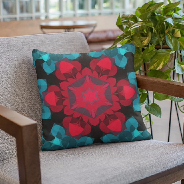 Retro Mandala Flower Red and Blue Throw Pillow (Creator Uploaded)