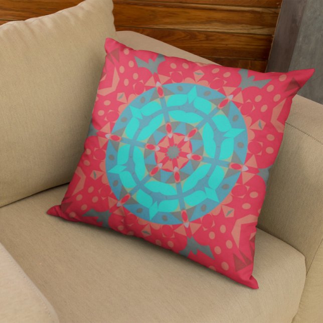 Retro Mandala Flower Red and Blue Throw Pillow (Creator Uploaded)