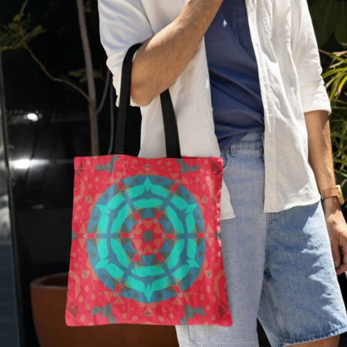 Retro Mandala Flower Red and Blue Tote Bag
