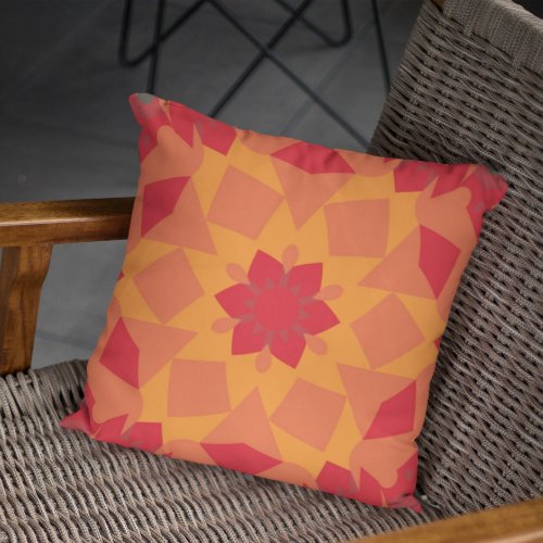 Retro Mandala Flower Red and Orange Throw Pillow