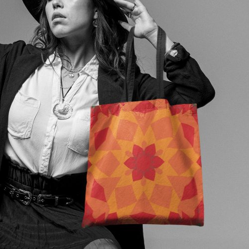 Retro Mandala Flower Red and Orange Tote Bag