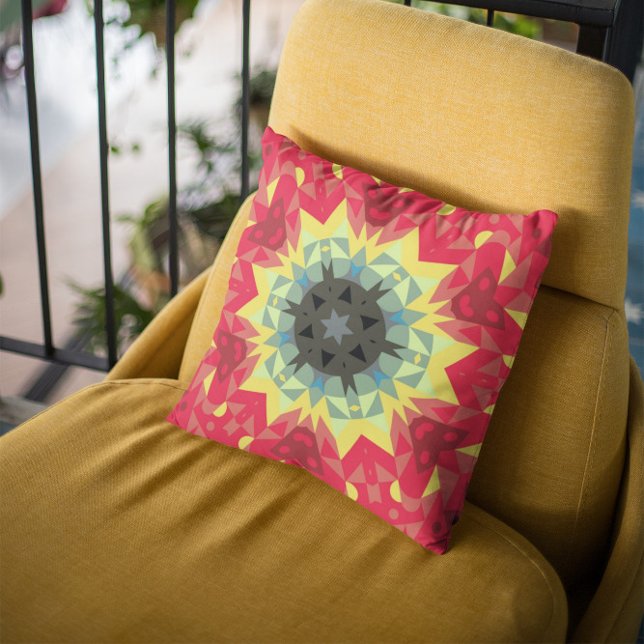 Retro Mandala Flower Red and Yellow Throw Pillow (Creator Uploaded)