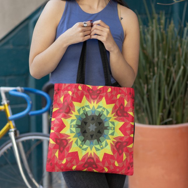 Retro Mandala Flower Red and Yellow Tote Bag (Creator Uploaded)