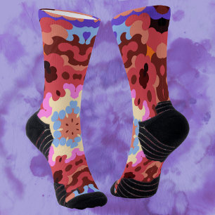 Retro Mandala Flower Red Blue and Orange Socks