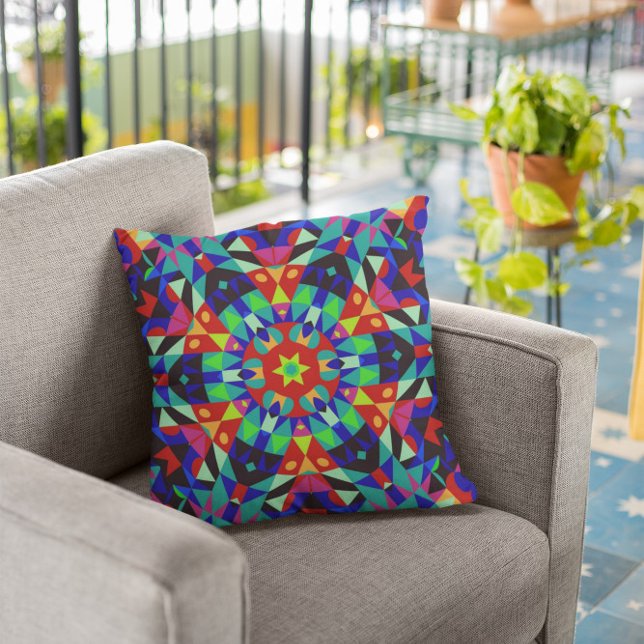 Retro Mandala Flower Red Green and Blue Throw Pillow (Creator Uploaded)