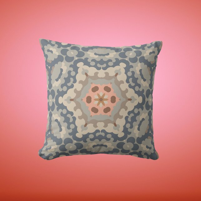 Retro Mandala Flower Tan Blue and Orange Throw Pillow (Creator Uploaded)