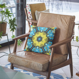 Retro Mandala Flower Yellow and Blue Throw Pillow