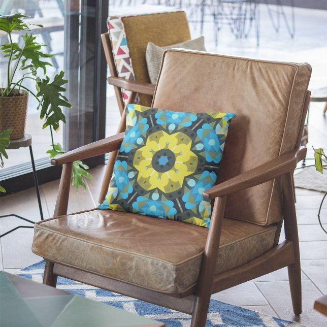 Retro Mandala Flower Yellow and Blue Throw Pillow (Creator Uploaded)