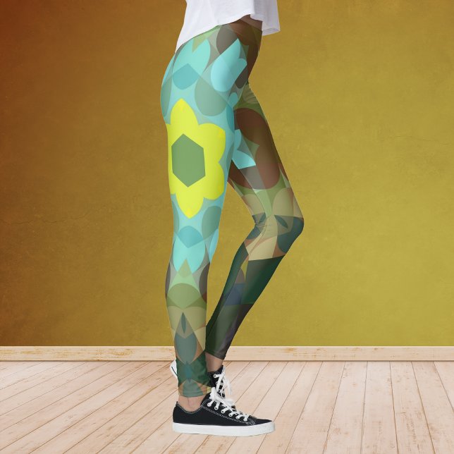 Retro Mandala Flower Yellow Blue and Brown Leggings (Creator Uploaded)