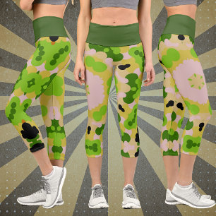 Retro Mandala Flower Yellow Green and White Capri Leggings