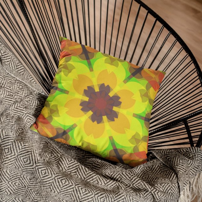 Retro Mandala Flower Yellow Orange and Green Throw Pillow (Creator Uploaded)