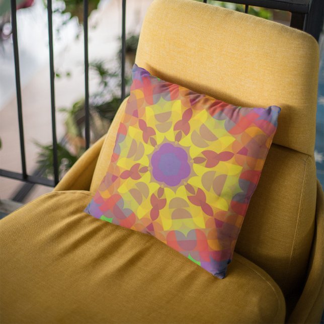 Retro Mandala Flower Yellow Orange and Purple Throw Pillow (Creator Uploaded)