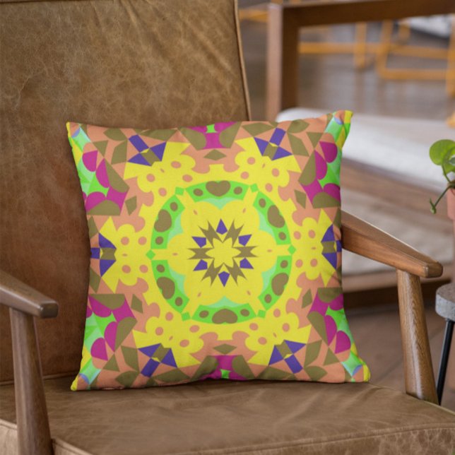 Retro Mandala Flower Yellow Orange Green and Pink Throw Pillow (Creator Uploaded)