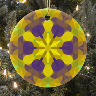 Retro Mandala Flower Yellow Purple and Green Ceramic Ornament