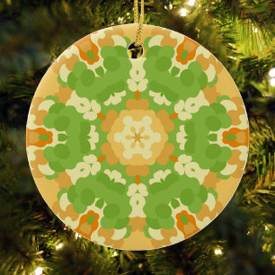 Retro Mandala Green and Orange Ceramic Ornament