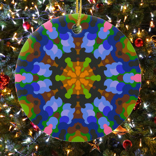 Retro Mandala Green Blue and Pink Ceramic Ornament
