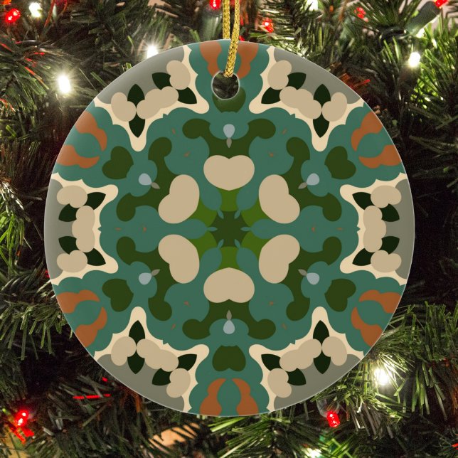 Retro Mandala Green Brown and Orange Ceramic Ornament (Green Brown and Orange Retro Mandala Christmas Ornament from Wormhole Orbital)