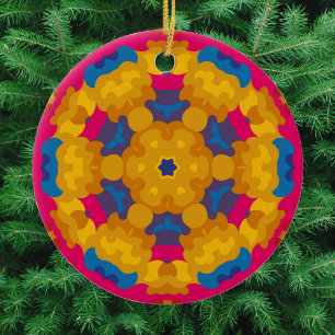 Retro Mandala Orange Blue and Pink Ceramic Ornament