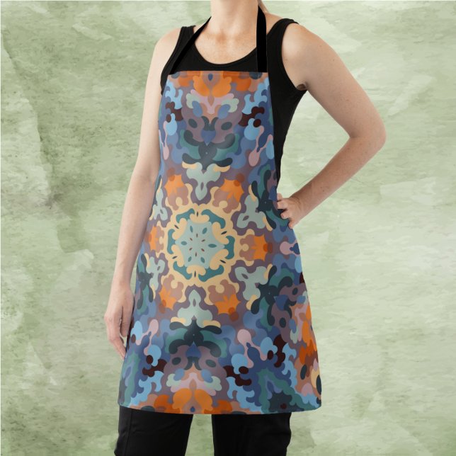Retro Mandala Orange Blue and Yellow Apron (Creator Uploaded)