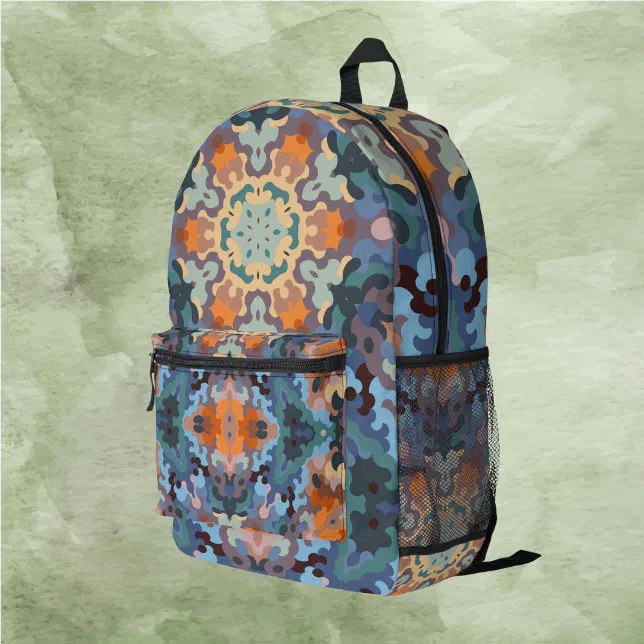 Retro Mandala Orange Blue and Yellow Printed Backpack | Zazzle
