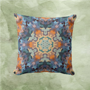 Retro Mandala Orange Blue and Yellow Throw Pillow