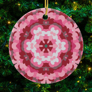 Retro Mandala Pink Red and White Ceramic Ornament