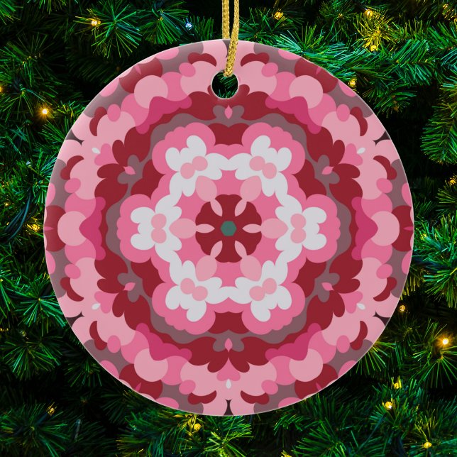 Retro Mandala Pink Red and White Ceramic Ornament (Pink Red and White Retro Mandala Ornament by Wormhole Orbital)