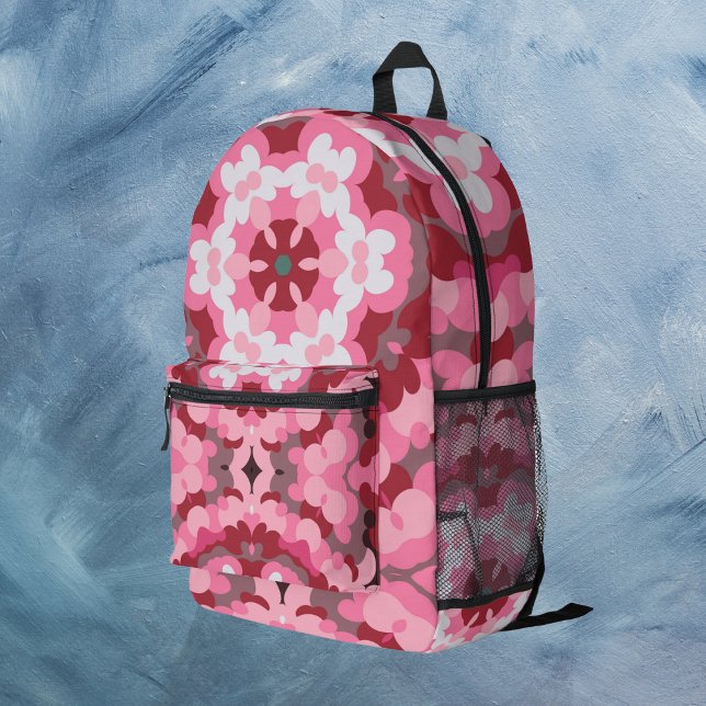 Retro Mandala Pink Red and White Printed Backpack (Creator Uploaded)