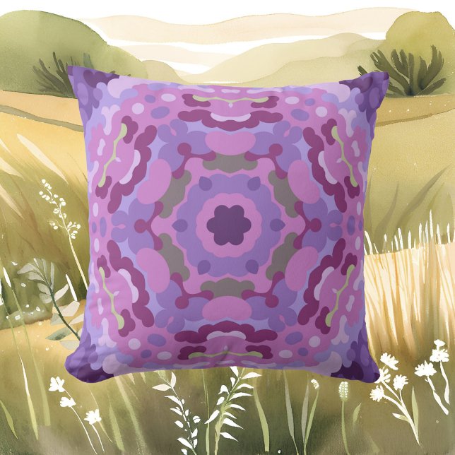 Retro Mandala Purple Pink and Blue Throw Pillow (Creator Uploaded)