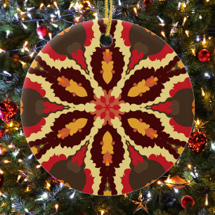 Retro Mandala Red Orange and Brown Ceramic Ornament