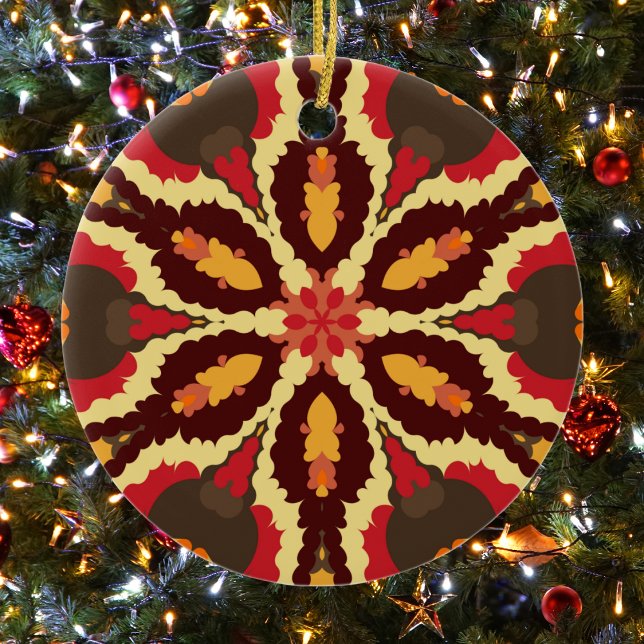 Retro Mandala Red Orange and Brown Ceramic Ornament (Red Orange and Brown Retro Mandala Ornament by Wormhole Orbital)