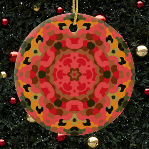 Retro Mandala Red Orange and Green Ceramic Ornament