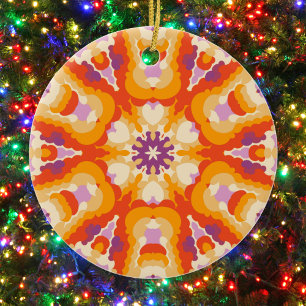 Retro Mandala Red Orange Purple and Yellow Ceramic Ornament