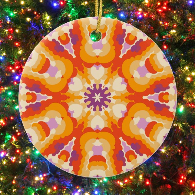 Retro Mandala Red Orange Purple and Yellow Ceramic Ornament (Red Orange and Purple Retro Mandala Ornament by Wormhole Orbital)