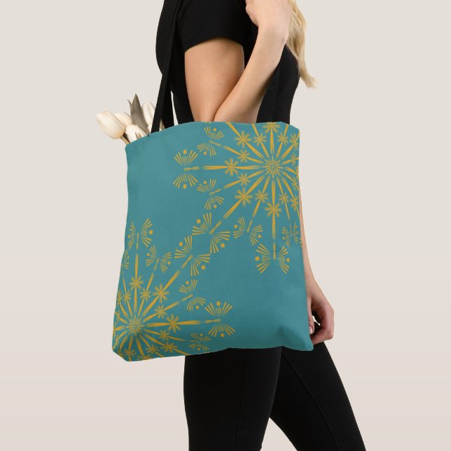Retro Mandala Teal Shoulder Tote Bag (Close Up)