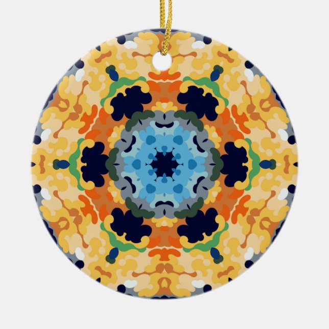 Retro Mandala Yellow Blue and Orange Ceramic Ornament (Front)