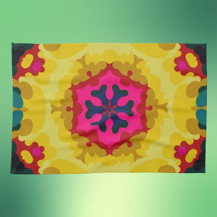 Retro Mandala Yellow Blue and Pink Kitchen Towel