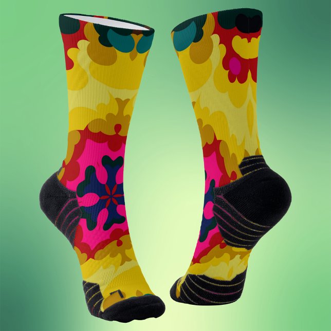 Retro Mandala Yellow Blue and Pink Socks (Yellow and Pink Retro Mandala Socks by Wormhole Orbital)