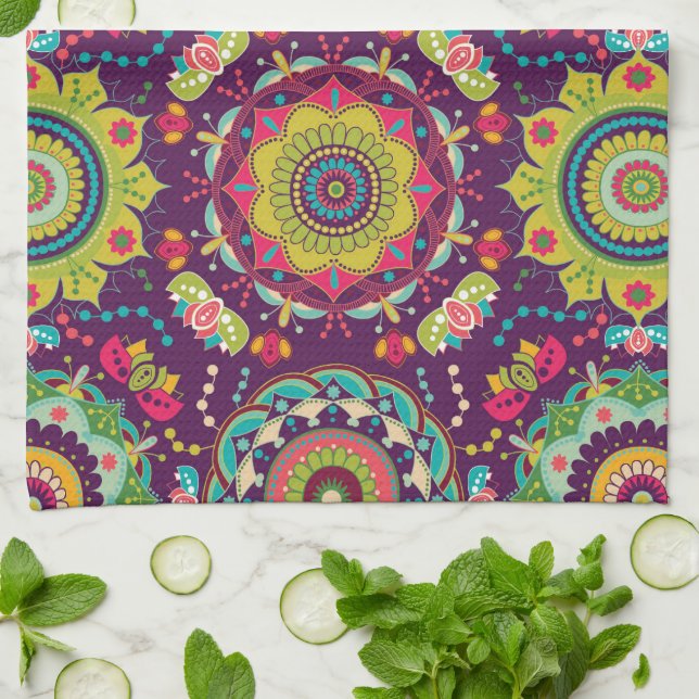 Retro Mandalas Pattern Kitchen Towel (Folded)