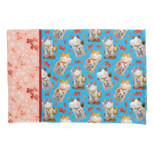 Retro Maneki Neko Japanese Waving Lucky Cat Koi Pillow Case
